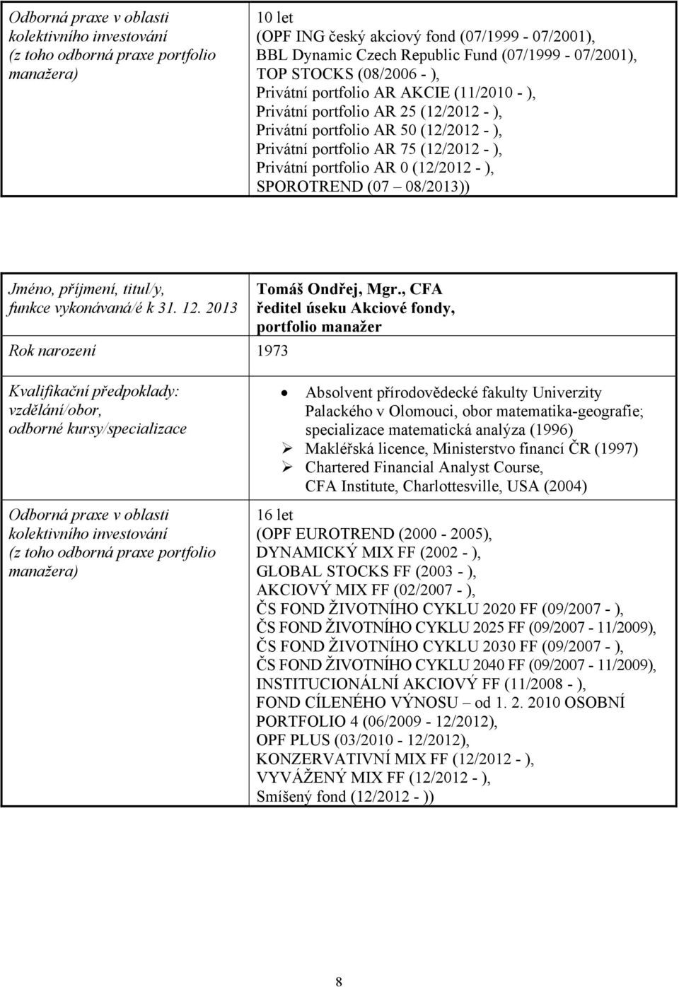 AR 0 (12/2012 - ), SPOROTREND (07 08/2013)) Jméno, příjmení, titul/y, funkce vykonávaná/é k 31. 12. 2013 Rok narození 1973 Tomáš Ondřej, Mgr.