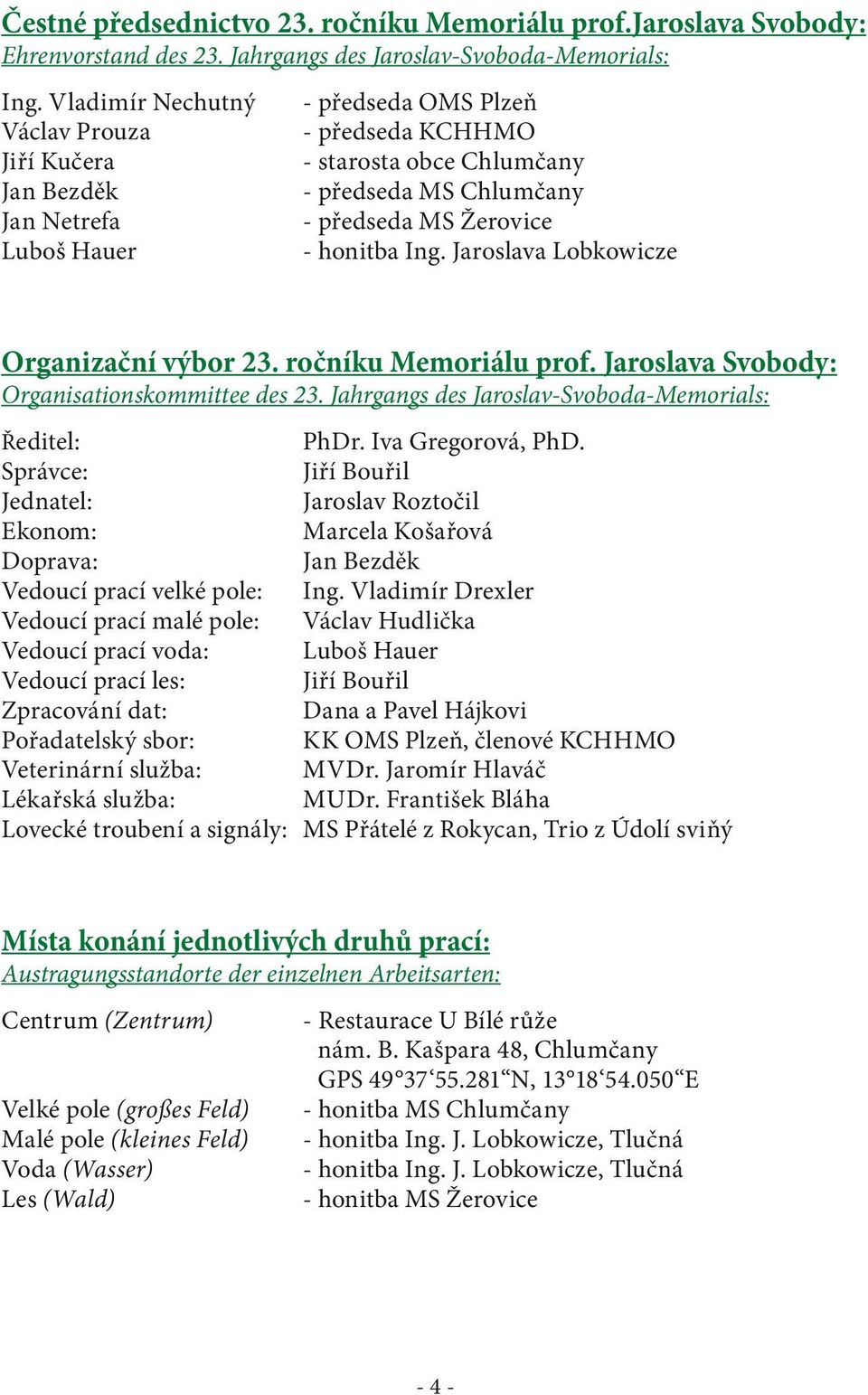 honitba Ing. Jaroslava Lobkowicze Organizační výbor 23. ročníku Memoriálu prof. Jaroslava Svobody: Organisationskommittee des 23. Jahrgangs des Jaroslav-Svoboda-Memorials: Ředitel: PhDr.