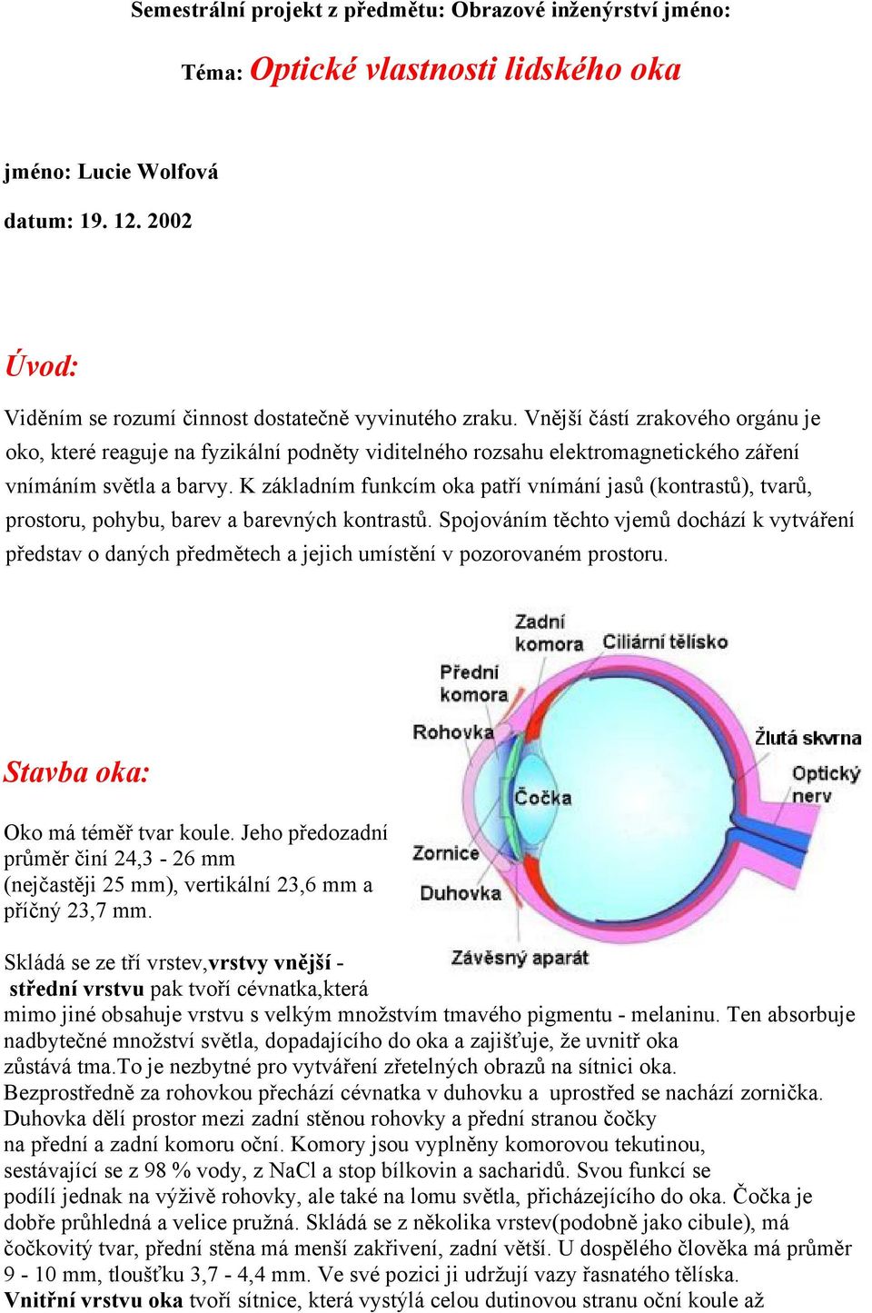 K základním funkcím oka patří vnímání jasů (kontrastů), tvarů, prostoru, pohybu, barev a barevných kontrastů.