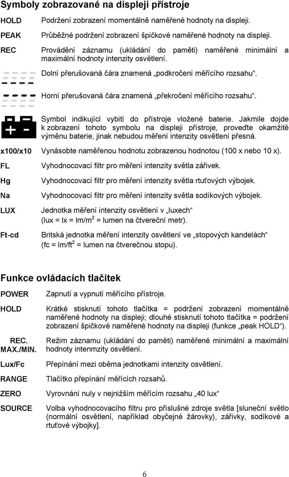 Horní přerušovaná čára znamená překročení měřícího rozsahu. Symbol indikující vybití do přístroje vložené baterie.