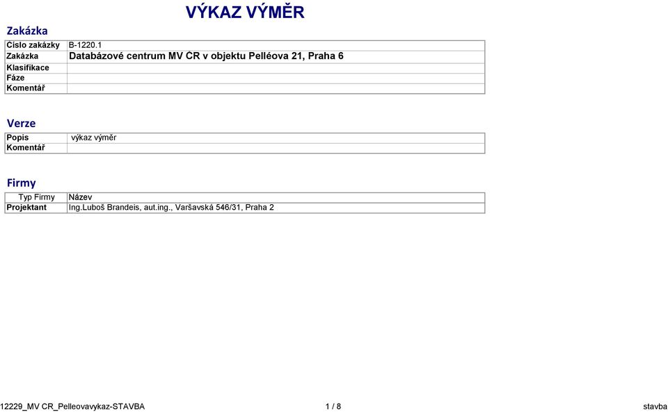 Klasifikace Fáze Komentář Verze Popis výkaz výměr Komentář Firmy Typ
