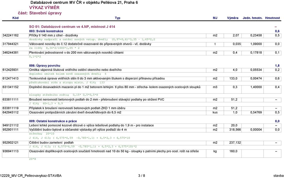 dodávky t 0,035 1,09000 0,0 2x I100; 8,34*2/1000*1,05 * 2 346244381 Plentování jednostranné v do 200 mm válcovaných nosníků cihlami m2 0,4 0,17818 0,1 0,1*2*2 006: Úpravy povrchu 1,8 612425931 Omítka