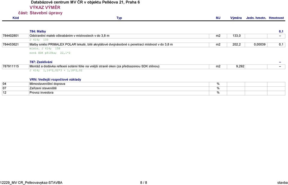 J 414; 158 nová SDK příčka; 22,1*2 787: Zasklívání 787911115 Montáž a dodávka reflexní solární fólie na vnější straně oken (za předsazenou SDK