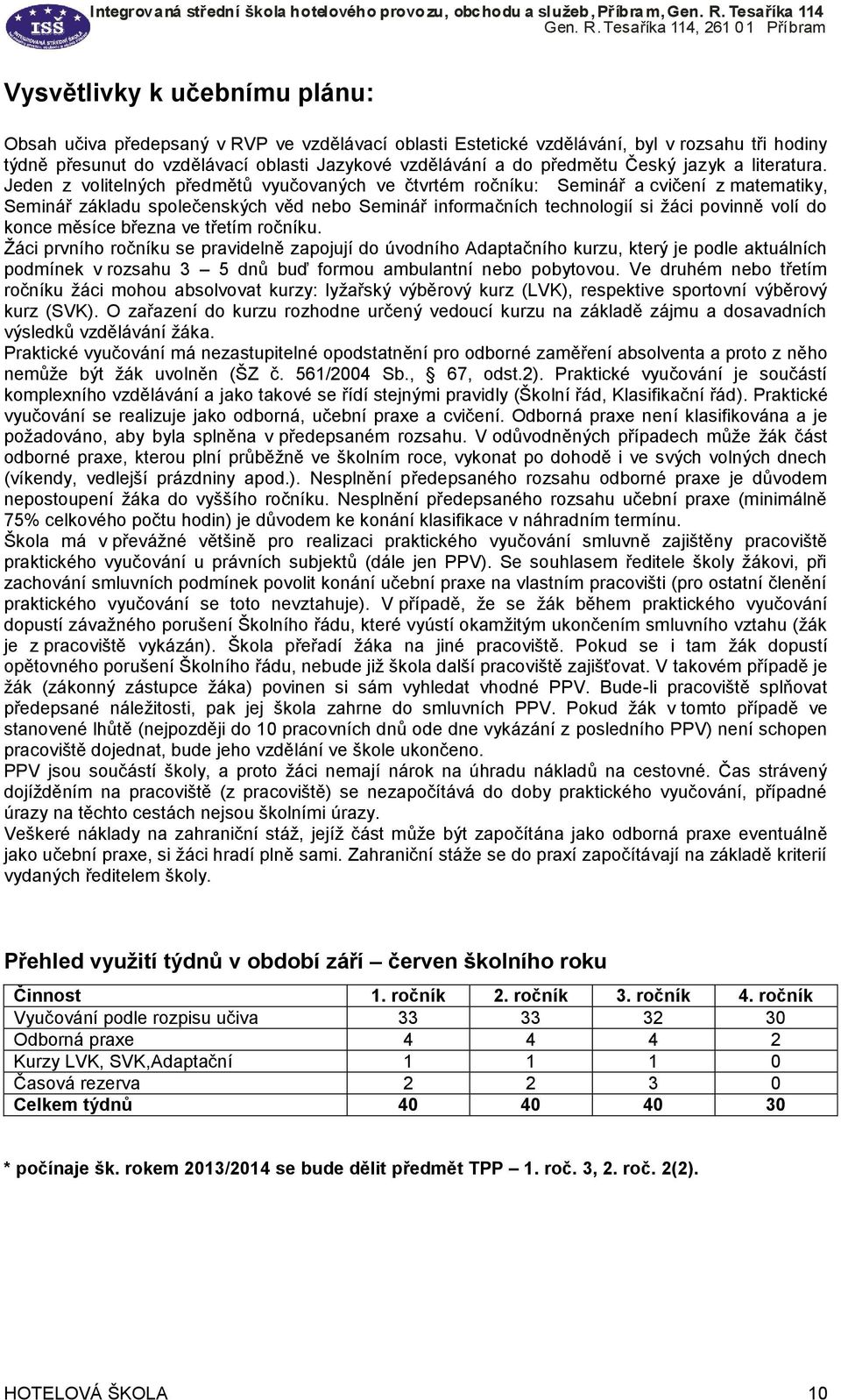 Jeden z volitelných předmětů vyučovaných ve čtvrtém ročníku: Seminář a cvičení z matematiky, Seminář základu společenských věd nebo Seminář informačních technologií si žáci povinně volí do konce