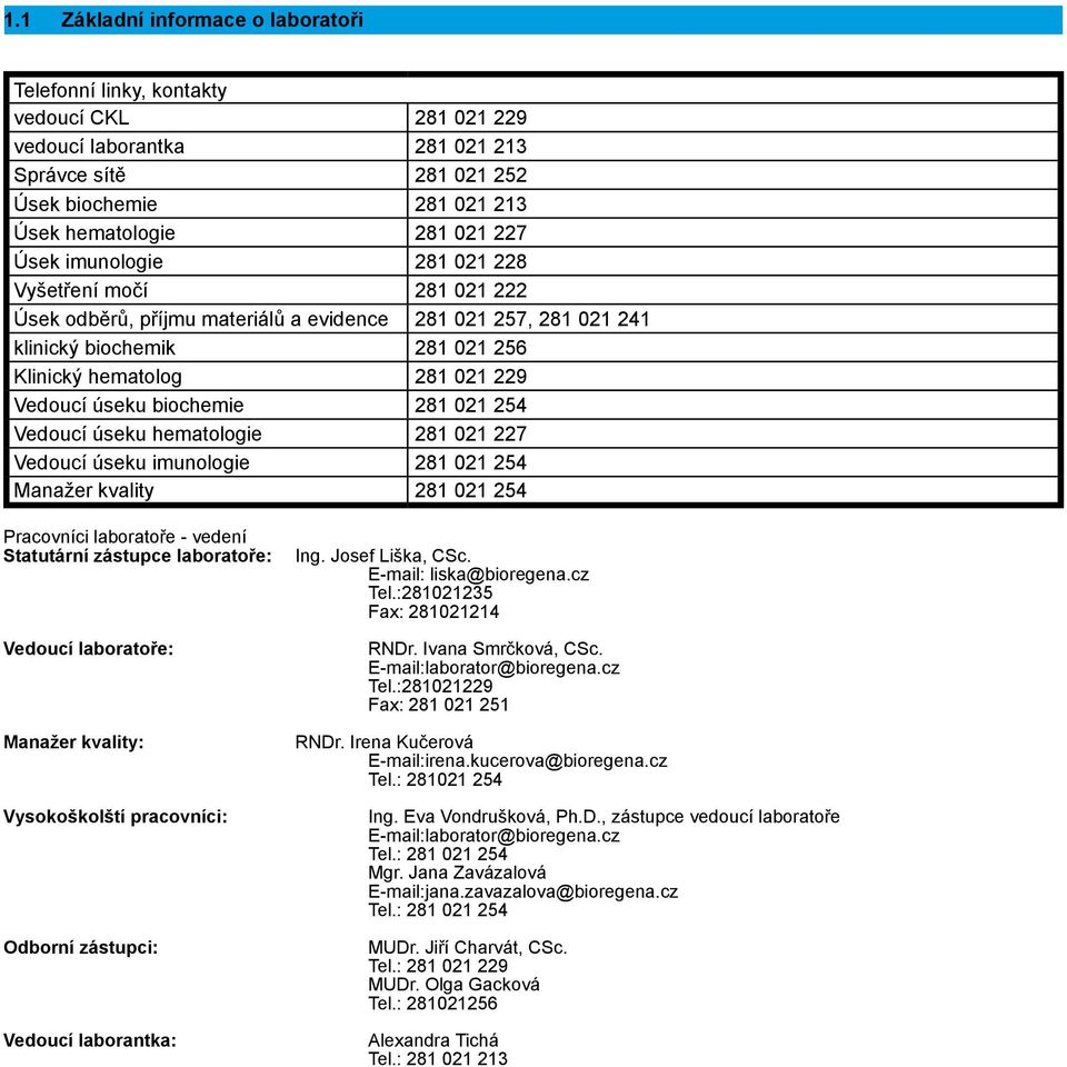 biochemie 281 021 254 Vedoucí úseku hematologie 281 021 227 Vedoucí úseku imunologie 281 021 254 Manažer kvality 281 021 254 Pracovníci laboratoře - vedení Statutární zástupce laboratoře: Vedoucí