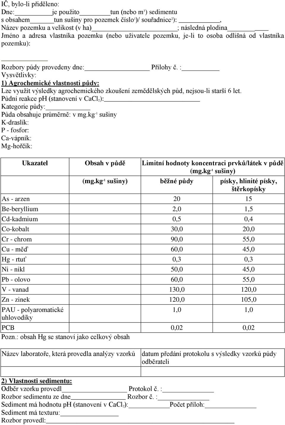 : 1) Agrochemické vlastnosti půdy: Lze využít výsledky agrochemického zkoušení zemědělských půd, nejsou-li starší 6 let.