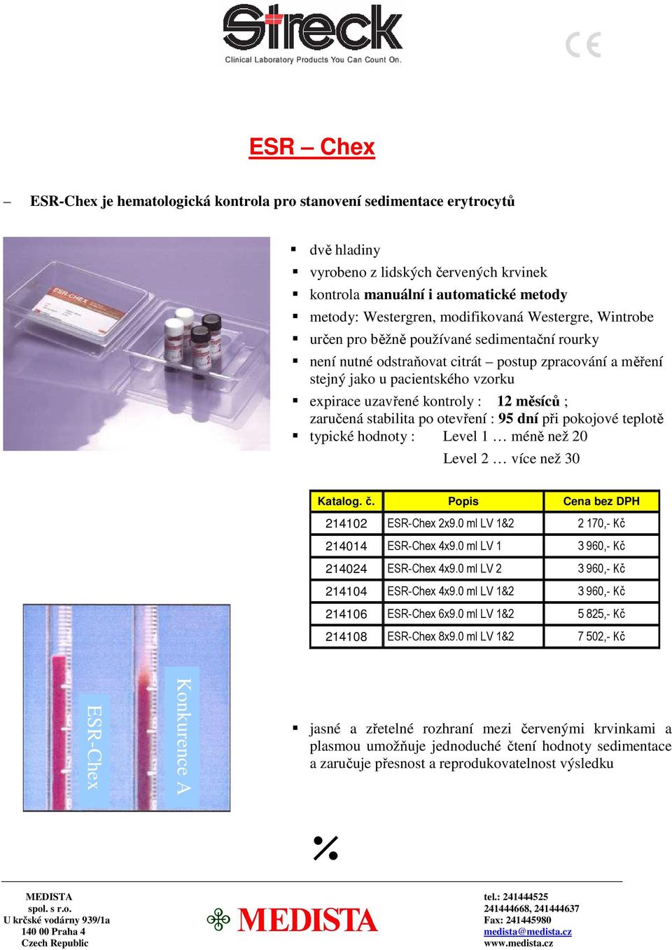 méně než 20 Level 2 více než 30 Katalog. č. Popis Cena bez DPH 214102 ESR-Chex 2x9.0 ml LV 1&2 2 170,- Kč 214014 ESR-Chex 4x9.0 ml LV 1 3 960,- Kč 214024 ESR-Chex 4x9.