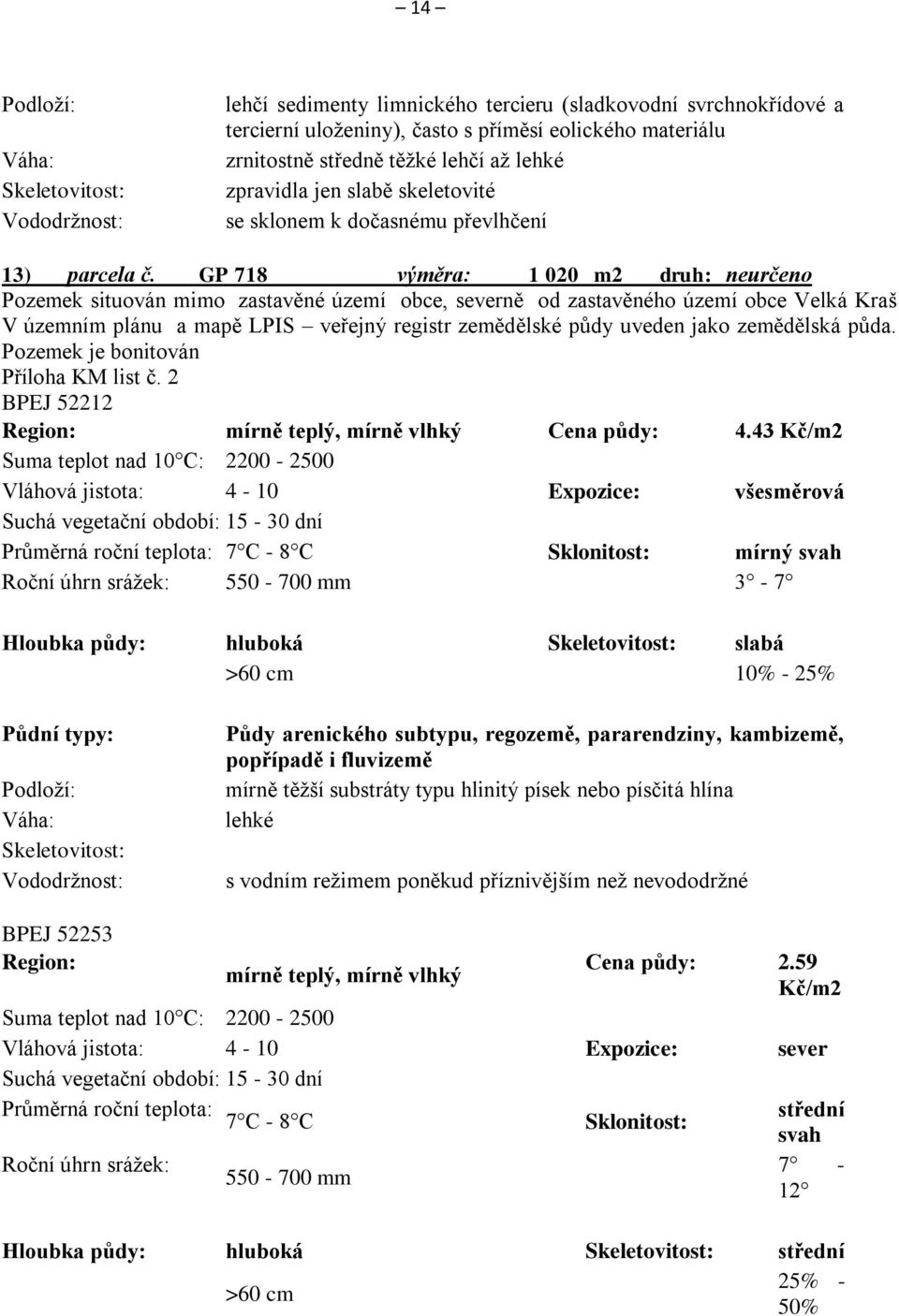 GP 718 výměra: 1 020 m2 druh: neurčeno Pozemek situován mimo zastavěné území obce, severně od zastavěného území obce Velká Kraš V územním plánu a mapě LPIS veřejný registr zemědělské půdy uveden jako