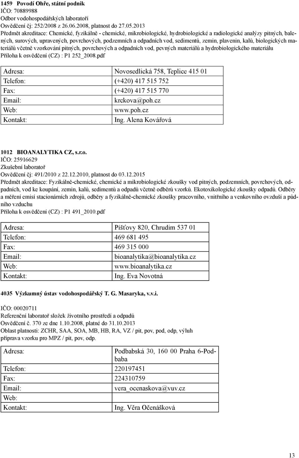 sedimentů, zemin, plavenin, kalů, biologických materiálů včetně vzorkování pitných, povrchových a odpadních vod, pevných materiálů a hydrobiologického materiálu Příloha k osvědčení (CZ) : P1 252_2008.