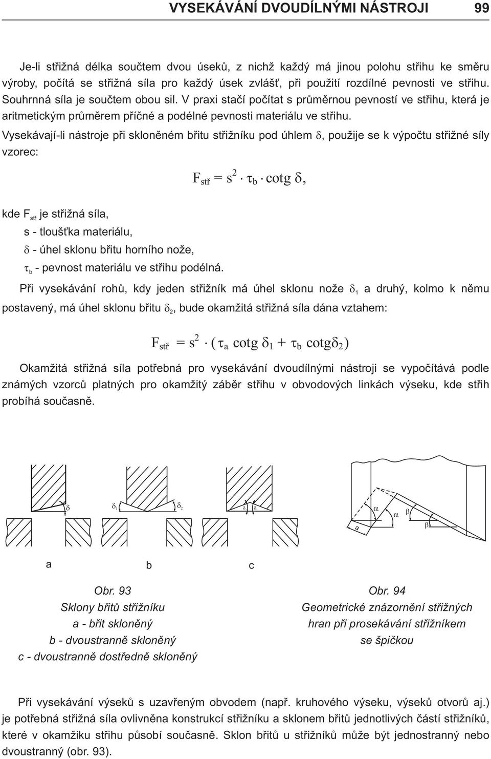 Vysekávjí-li nástroje pøi sklonìném øitu støižníku po úhlem, použije se k výpoètu støižné síly vzore: F stø = s 2. t.
