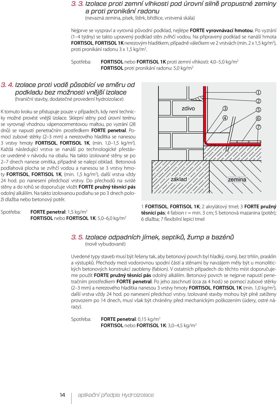 Na připravený podklad se nanáší hmota FORTISOL, FORTISOL 1K nerezovým hladítkem, případně válečkem ve 2 vrstvách (min. 2 x 1,5 kg/m 2 ), proti pronikání radonu 3 x 1,5 kg/m 2.