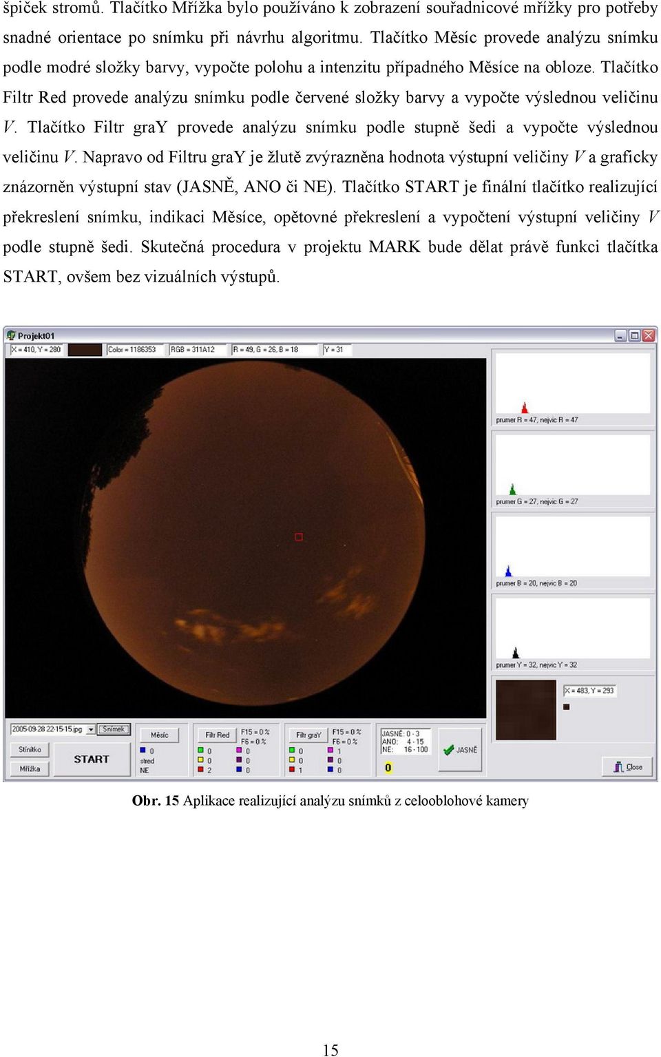 Tlačítko Filtr Red provede analýzu snímku podle červené složky barvy a vypočte výslednou veličinu V. Tlačítko Filtr gray provede analýzu snímku podle stupně šedi a vypočte výslednou veličinu V.