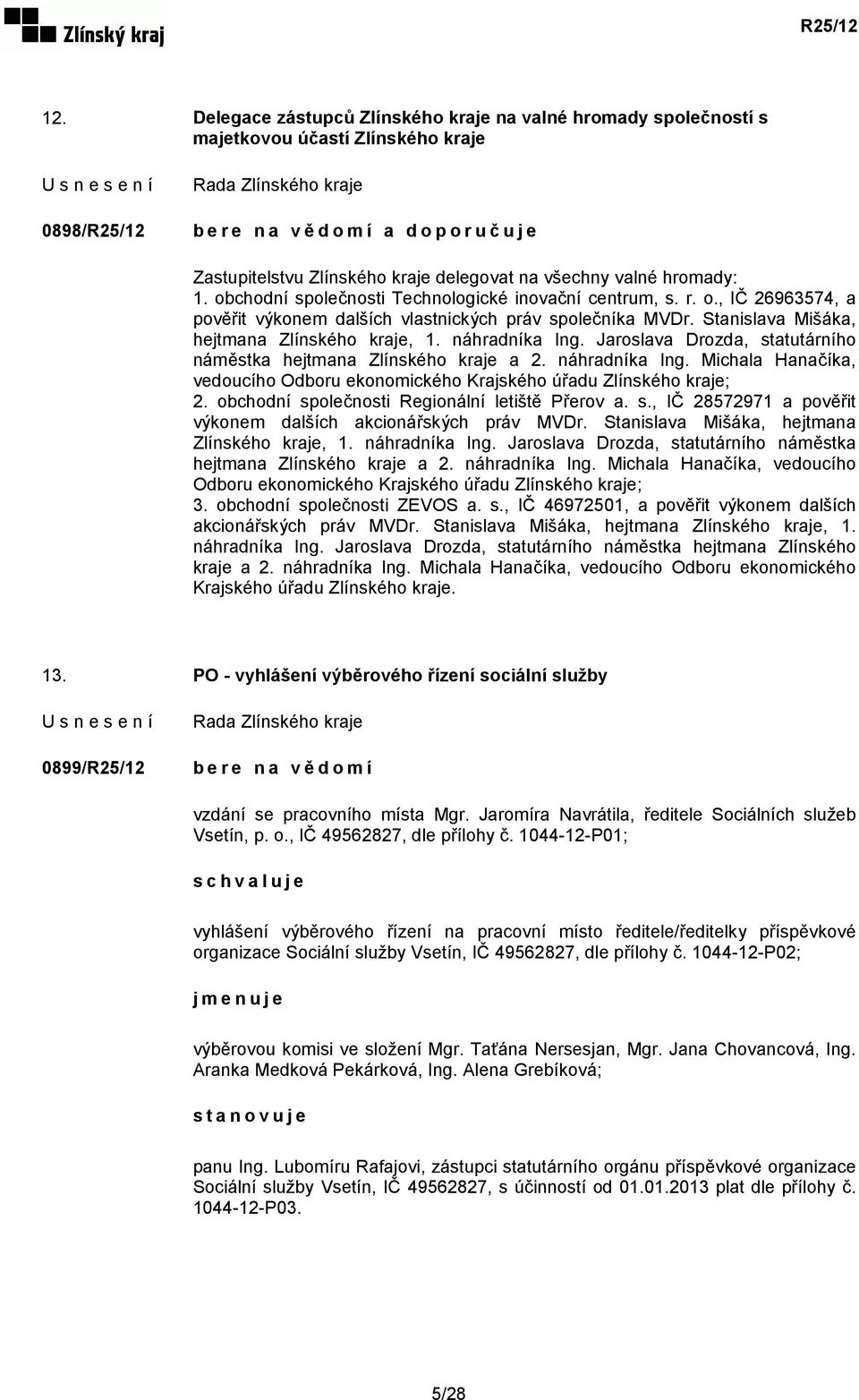 Stanislava Mišáka, hejtmana Zlínského kraje, 1. náhradníka Ing. Jaroslava Drozda, statutárního náměstka hejtmana Zlínského kraje a 2. náhradníka Ing. Michala Hanačíka, vedoucího Odboru ekonomického Krajského úřadu Zlínského kraje; 2.