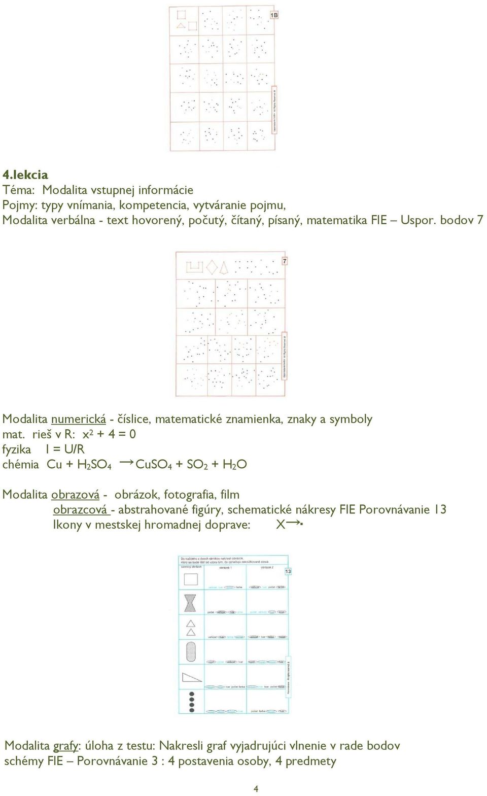 rieš v R: x 2 + 4 = 0 fyzika I = U/R chémia Cu + H 2SO 4 CuSO 4 + SO 2 + H 2O Modalita obrazová - obrázok, fotografia, film obrazcová - abstrahované figúry,