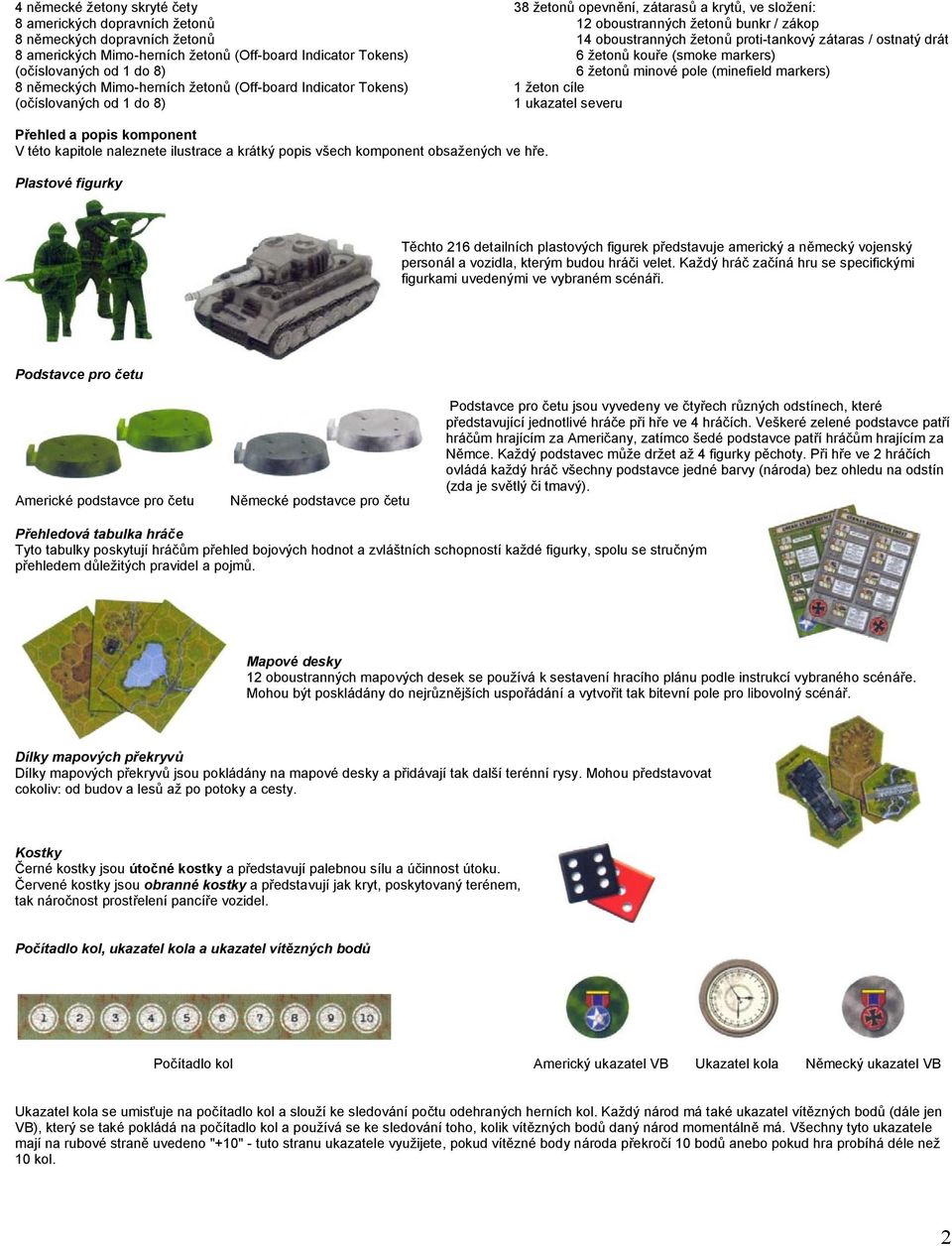 zátaras / ostnatý drát 6 žetonů kouře (smoke markers) 6 žetonů minové pole (minefield markers) 1 žeton cíle 1 ukazatel severu Přehled a popis komponent V této kapitole naleznete ilustrace a krátký