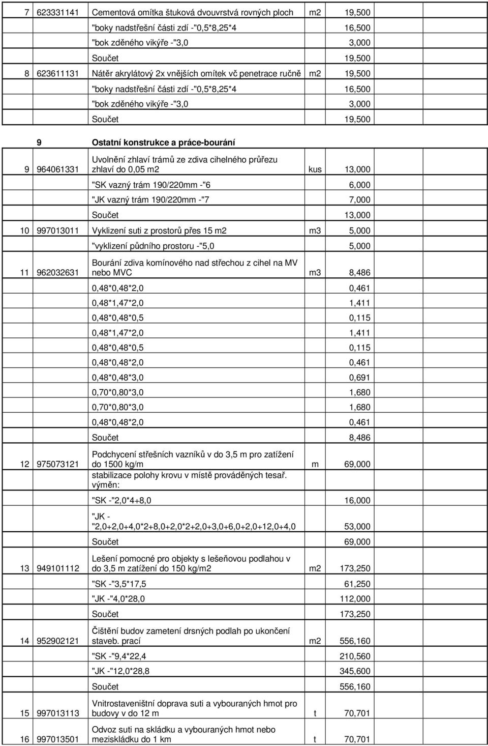 zhlaví trámů ze zdiva cihelného průřezu zhlaví do 0,05 m2 kus 13,000 "SK vazný trám 190/220mm -"6 6,000 "JK vazný trám 190/220mm -"7 7,000 Součet 13,000 10 997013011 Vyklizení suti z prostorů přes 15