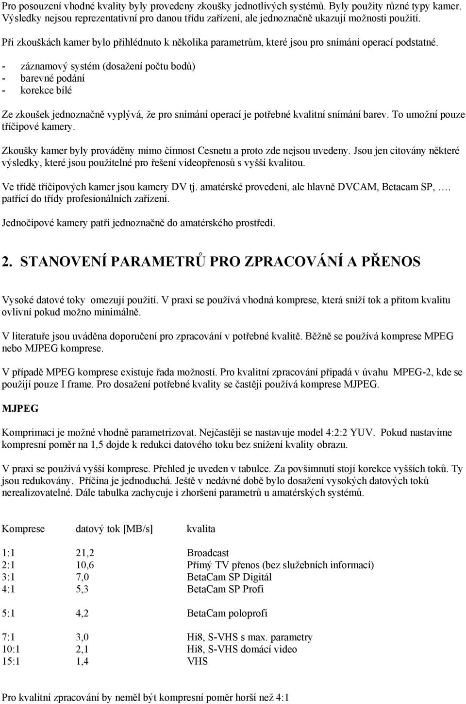 Při zkouškách kamer bylo přihlédnuto k několika parametrům, které jsou pro snímání operací podstatné.