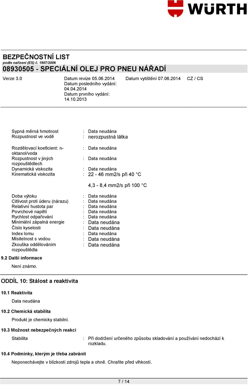 vodou Zkouška oddělováním rozpouštědla 9.2 Další informace Není známo. ODDÍL 10: Stálost a reaktivita 10.1 Reaktivita 10.2 Chemická stabilita Produkt je chemicky stabilní. 10.3 Možnost nebezpečných reakcí Stabilita : Při dodržení určeného způsobu skladování a používání nedochází k rozkladu.