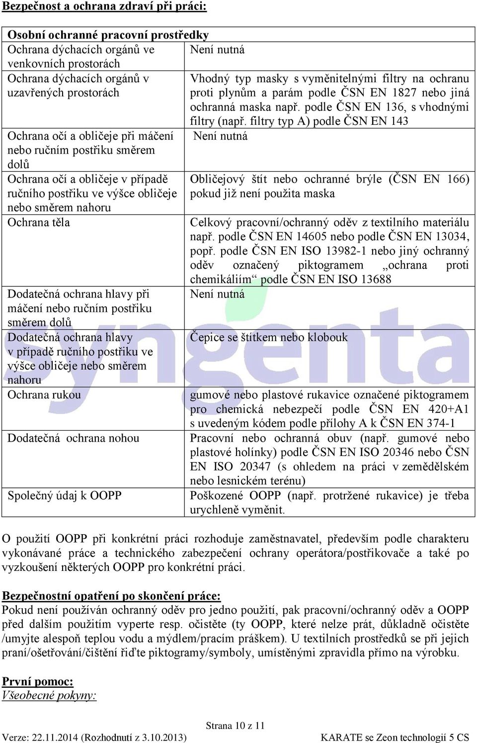 podle ČSN EN 136, s vhodnými Ochrana očí a obličeje při máčení nebo ručním postřiku směrem dolů Ochrana očí a obličeje v případě ručního postřiku ve výšce obličeje nebo směrem nahoru Ochrana těla