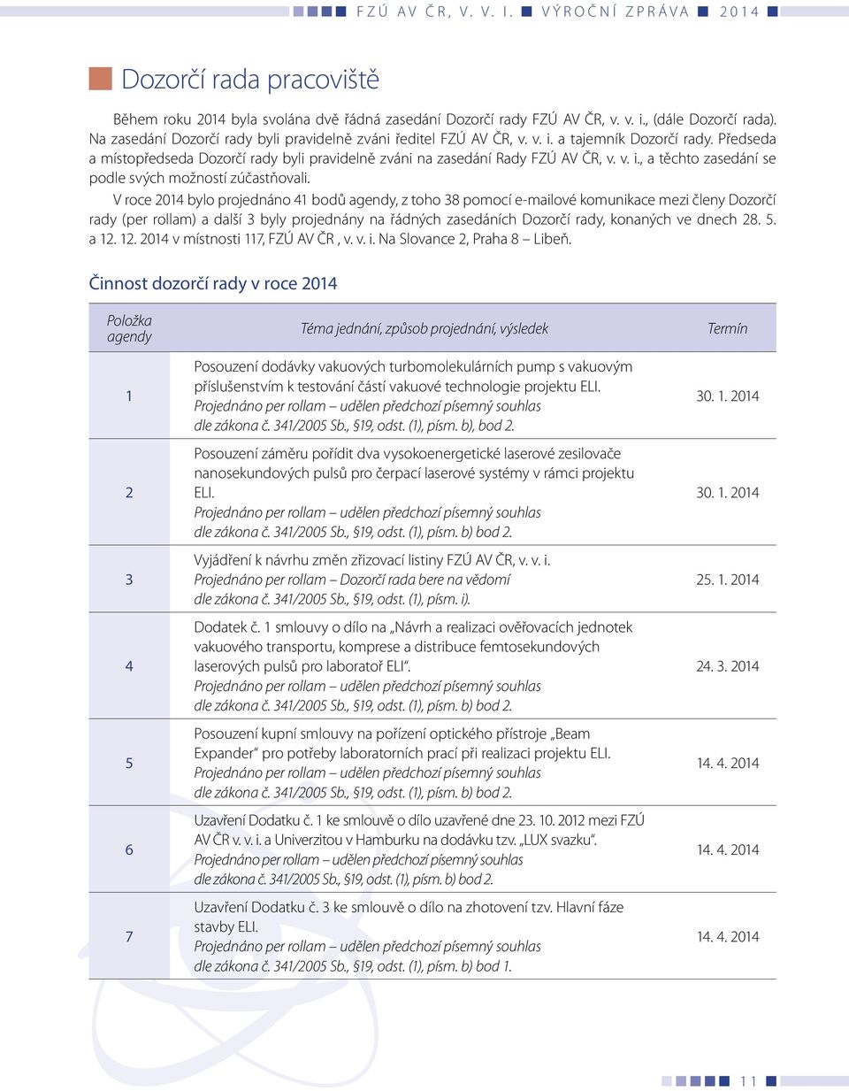 V roce 2014 bylo projednáno 41 bodů agendy, z toho 38 pomocí e-mailové komunikace mezi členy Dozorčí rady (per rollam) a další 3 byly projednány na řádných zasedáních Dozorčí rady, konaných ve dnech