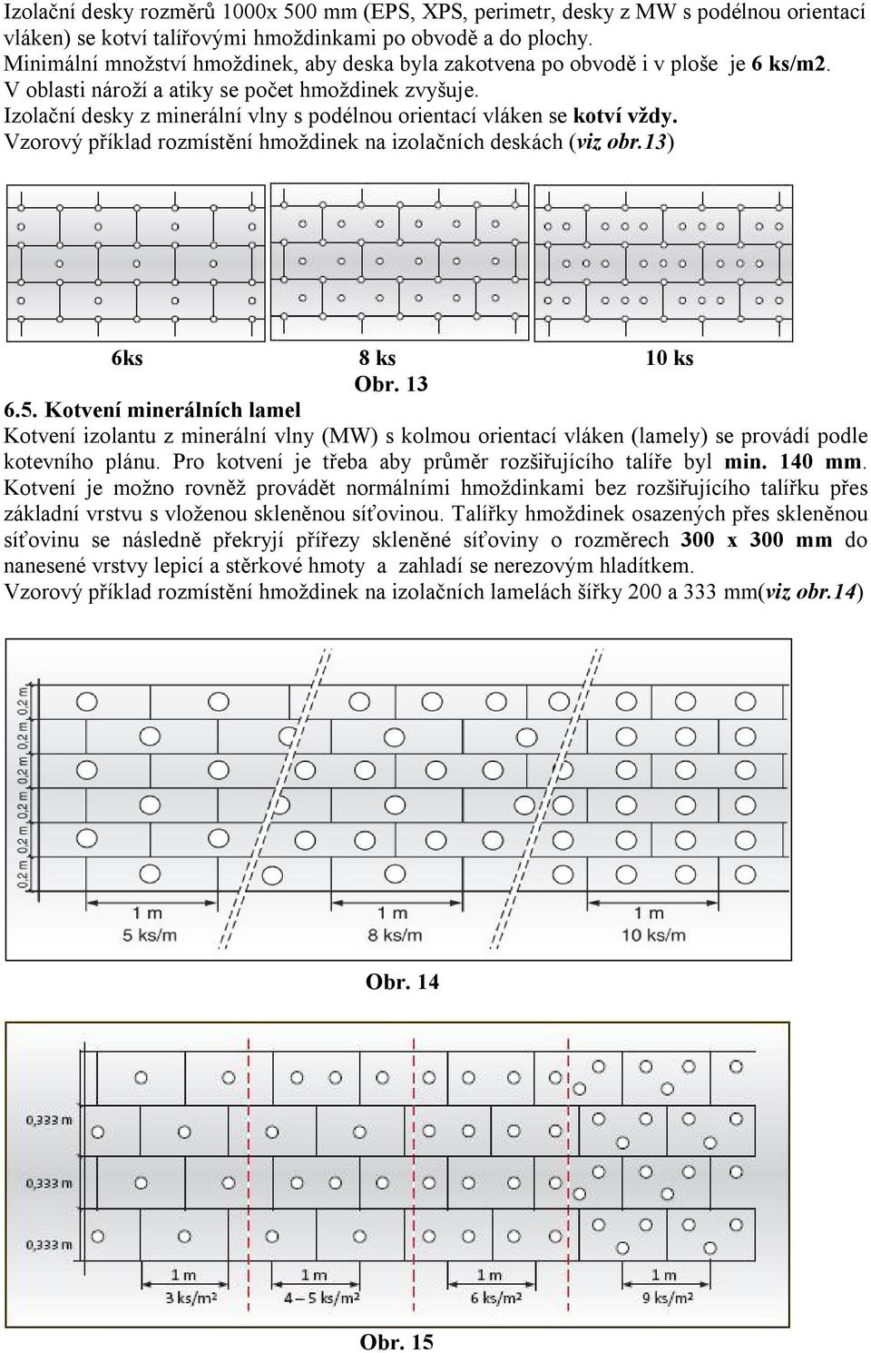 Izolační desky z minerální vlny s podélnou orientací vláken se kotví vždy. Vzorový příklad rozmístění hmoždinek na izolačních deskách (viz obr.13) 6ks 8 ks 10 ks Obr. 13 6.5.