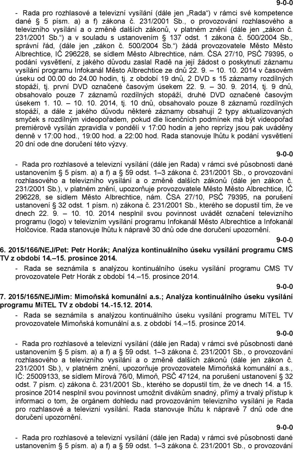 , správní řád, (dále jen zákon č. 500/2004 Sb. ) žádá provozovatele Město Město Albrechtice, IČ 296228, se sídlem Město Albrechtice, nám.