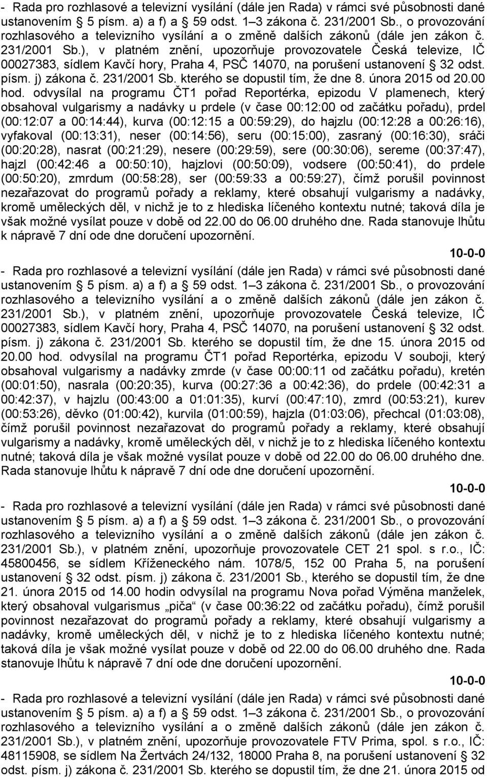 odvysílal na programu ČT1 pořad Reportérka, epizodu V plamenech, který obsahoval vulgarismy a nadávky u prdele (v čase 00:12:00 od začátku pořadu), prdel (00:12:07 a 00:14:44), kurva (00:12:15 a