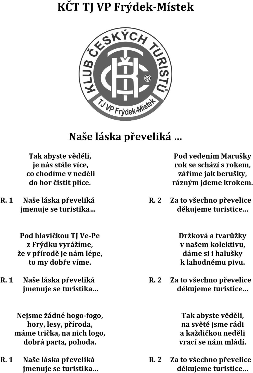 2 Za to všechno převelice děkujeme turistice Pod hlavičkou TJ Ve-Pe z Frýdku vyrážíme, že v přírodě je nám lépe, to my dobře víme. R.