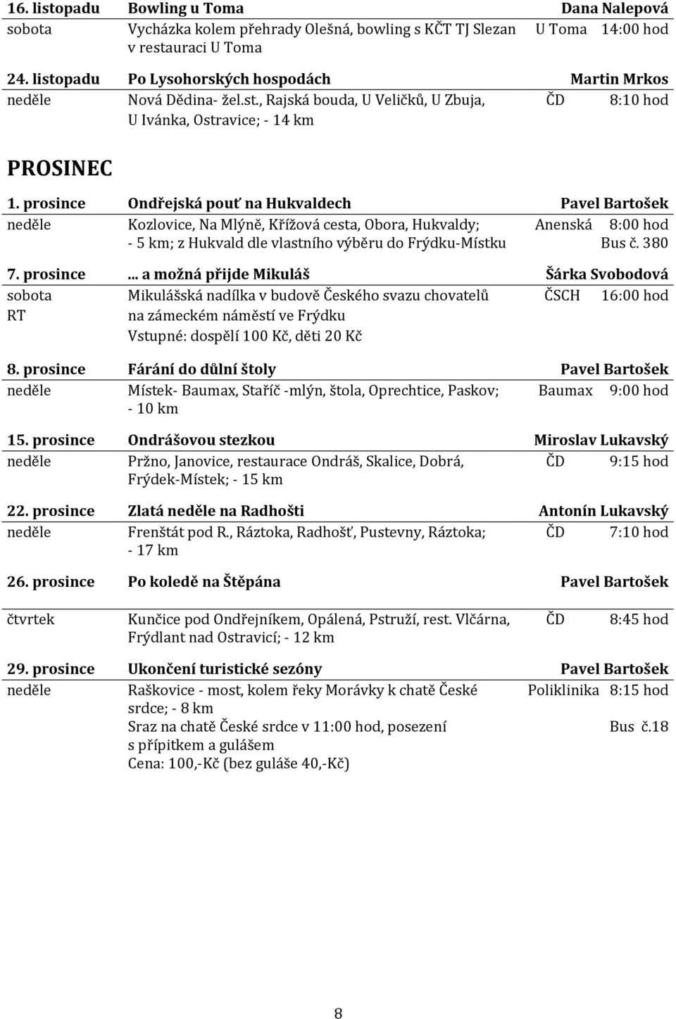 prosince Ondřejská pouť na Hukvaldech Pavel Bartošek Kozlovice, Na Mlýně, Křížová cesta, Obora, Hukvaldy; - 5 km; z Hukvald dle vlastního výběru do Frýdku-Místku Anenská 8:00 hod Bus č. 380 7.