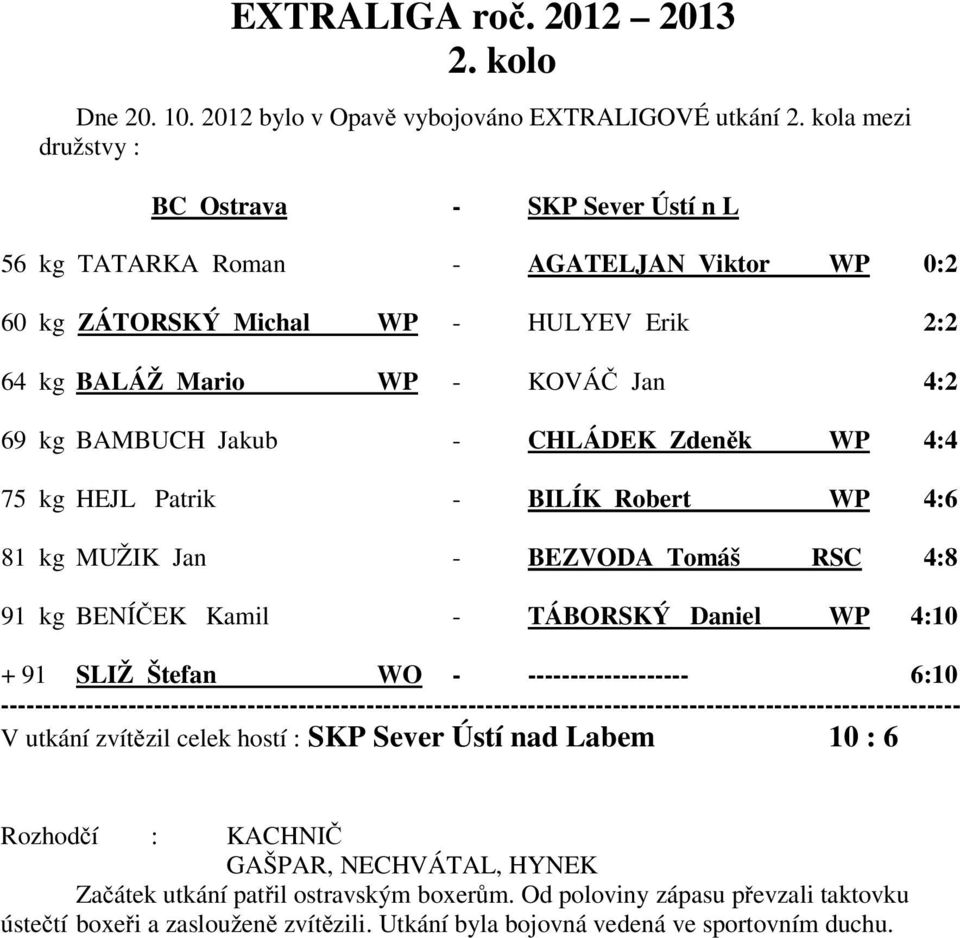 - CHLÁDEK Zdeněk WP 4:4 75 kg HEJL Patrik - BILÍK Robert WP 4:6 81 kg MUŽIK Jan - BEZVODA Tomáš RSC 4:8 91 kg BENÍČEK Kamil - TÁBORSKÝ Daniel WP 4:10 + 91 SLIŽ Štefan WO - ------------------- 6:10