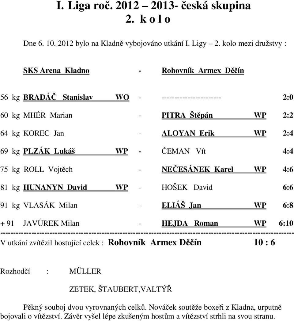 PLZÁK Lukáš WP - ČEMAN Vít 4:4 75 kg ROLL Vojtěch - NEČESÁNEK Karel WP 4:6 81 kg HUNANYN David WP - HOŠEK David 6:6 91 kg VLASÁK Milan - ELIÁŠ Jan WP 6:8 + 91 JAVŮREK Milan - HEJDA Roman WP 6:10