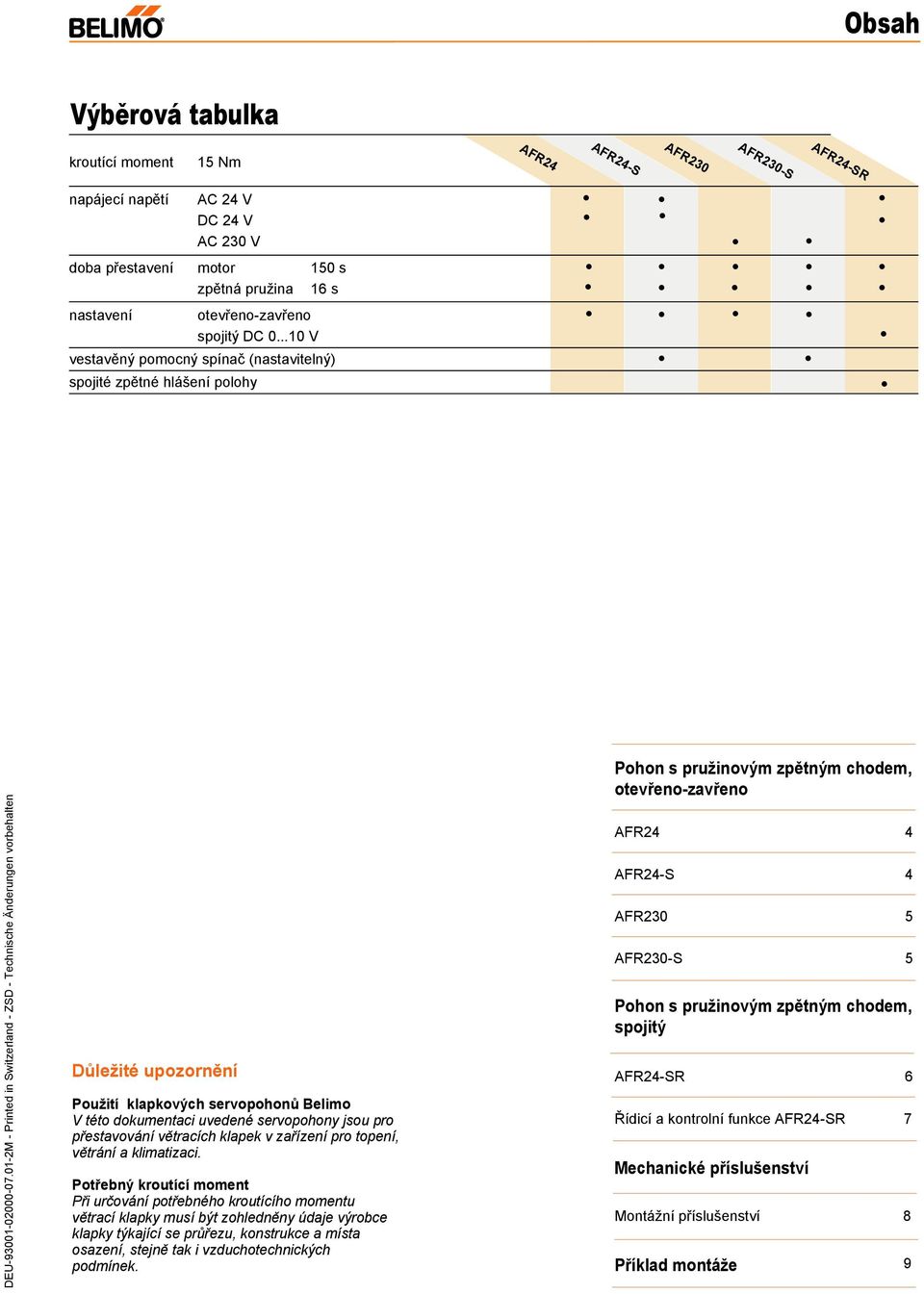 1-2M - Printed in Switzerland - ZSD - echnische Änderungen vorbehalten Důležité upozornění Pohon s pružinovým zpětným chodem, otevřeno-zavřeno AFR24 4 AFR24-S 4 AFR23 AFR23-S Pohon s pružinovým