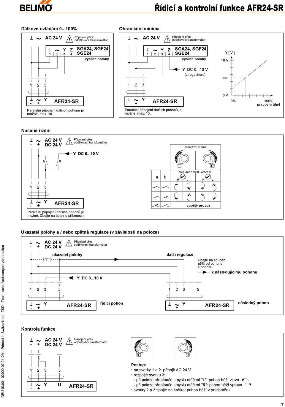 DC 24 V oddělovací transformátor montážní strana b a DC...1 V 4 3 2 1 6 7 8 9 9 8 7 6 R 4 3 2 1 a b přepínač smyslu otáčení R R Paralelní připojení dalších pohonů je možné.