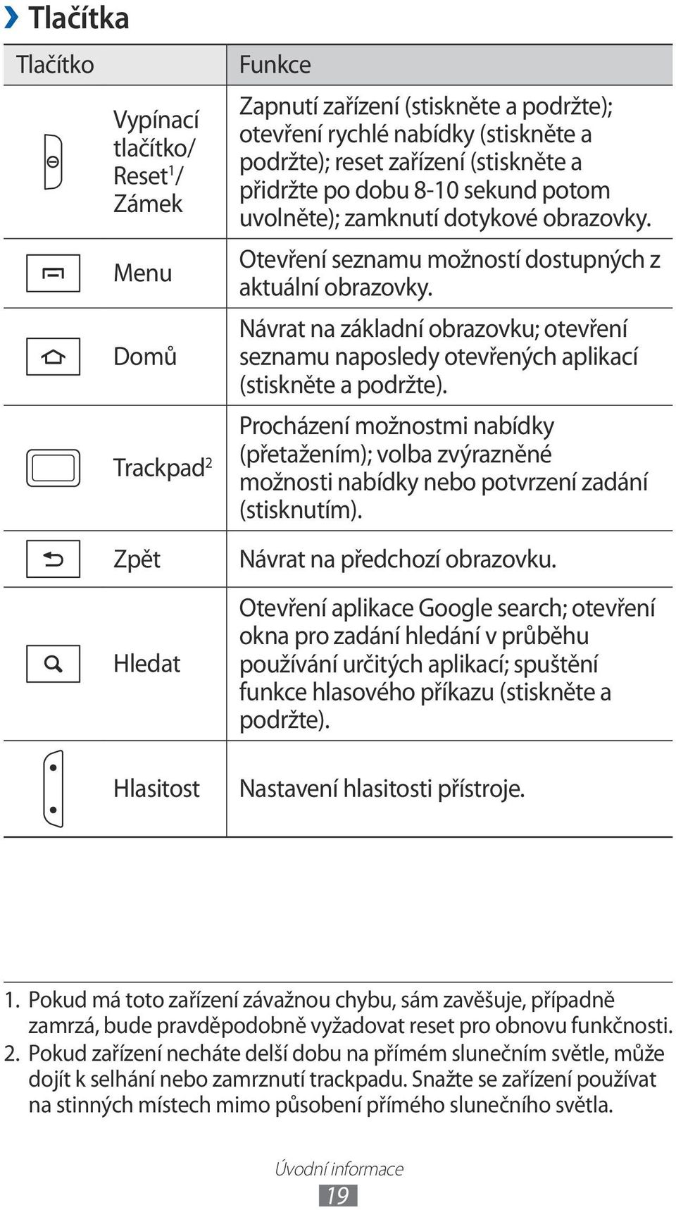 Návrat na základní obrazovku; otevření seznamu naposledy otevřených aplikací (stiskněte a podržte).