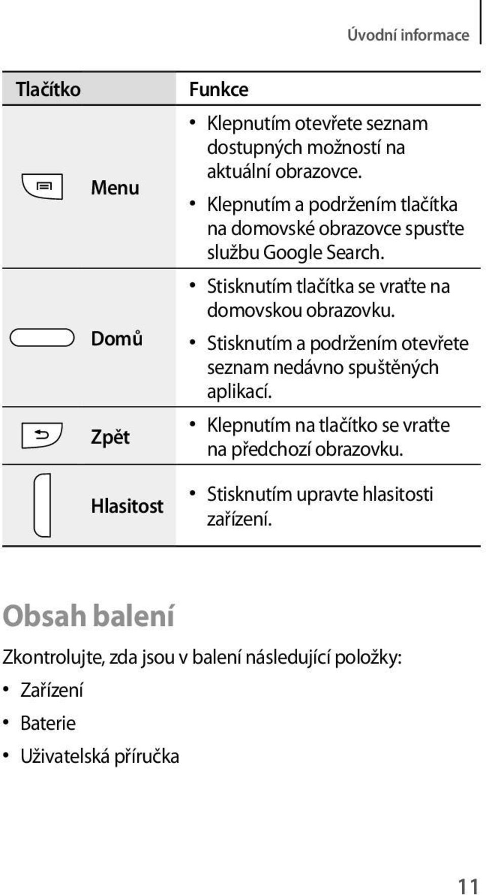 Stisknutím tlačítka se vraťte na domovskou obrazovku. Stisknutím a podržením otevřete seznam nedávno spuštěných aplikací.