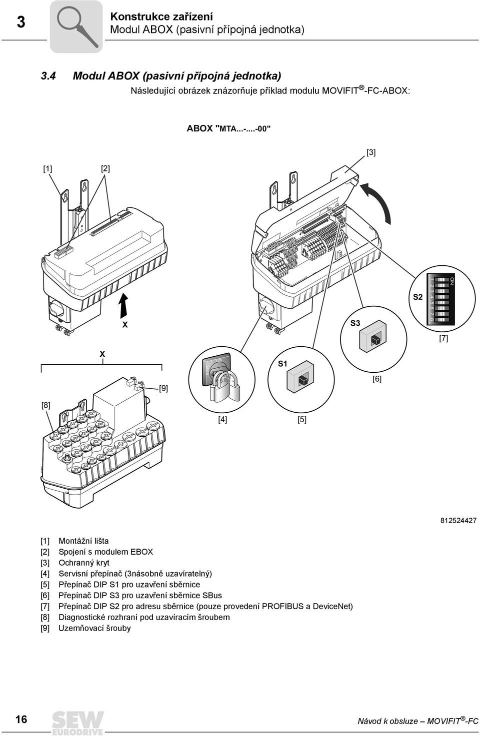 C-ABOX: ABOX "MTA...-...-00" [1] [2] [3] X S3 S2 1 2 3 4 5 6 7 8 ON [7] X [9] 0 OFF I ON S1 [6] [8] [4] [5] 812524427 [1] Montážní lišta [2] Spojení s modulem EBOX