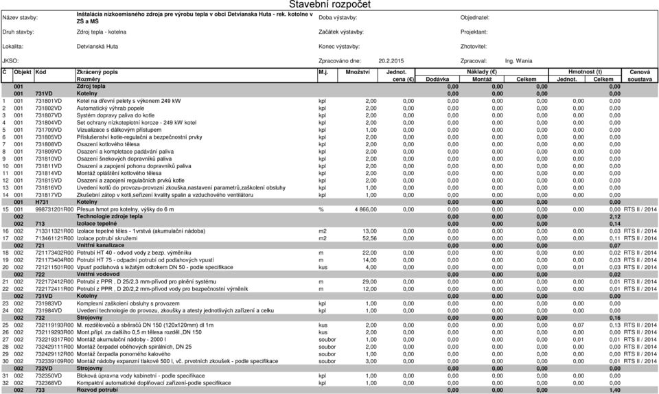 Celkem soustava 001 Zdroj tepla 001 731VD Kotelny 1 001 731801VD Kotel na dřevní pelety s výkonem 249 kw kpl 2,00 2 001 731802VD Automatický výhrab popele kpl 2,00 3 001 731807VD Systém dopravy
