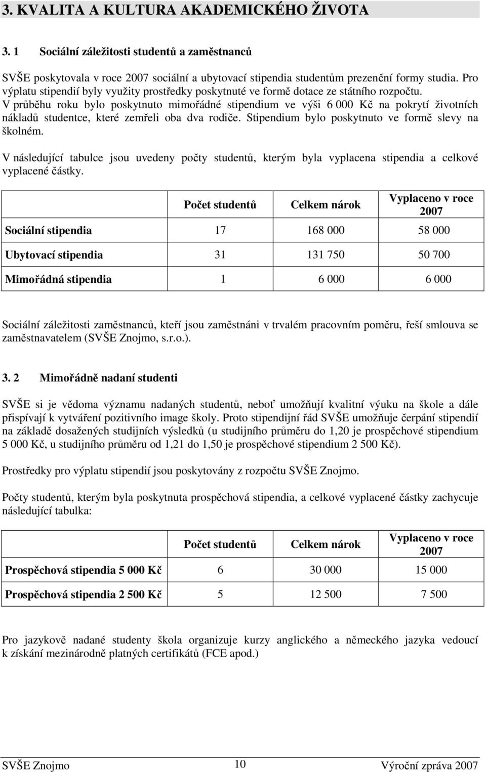 V průběhu roku bylo poskytnuto mimořádné stipendium ve výši 6 000 Kč na pokrytí životních nákladů studentce, které zemřeli oba dva rodiče. Stipendium bylo poskytnuto ve formě slevy na školném.