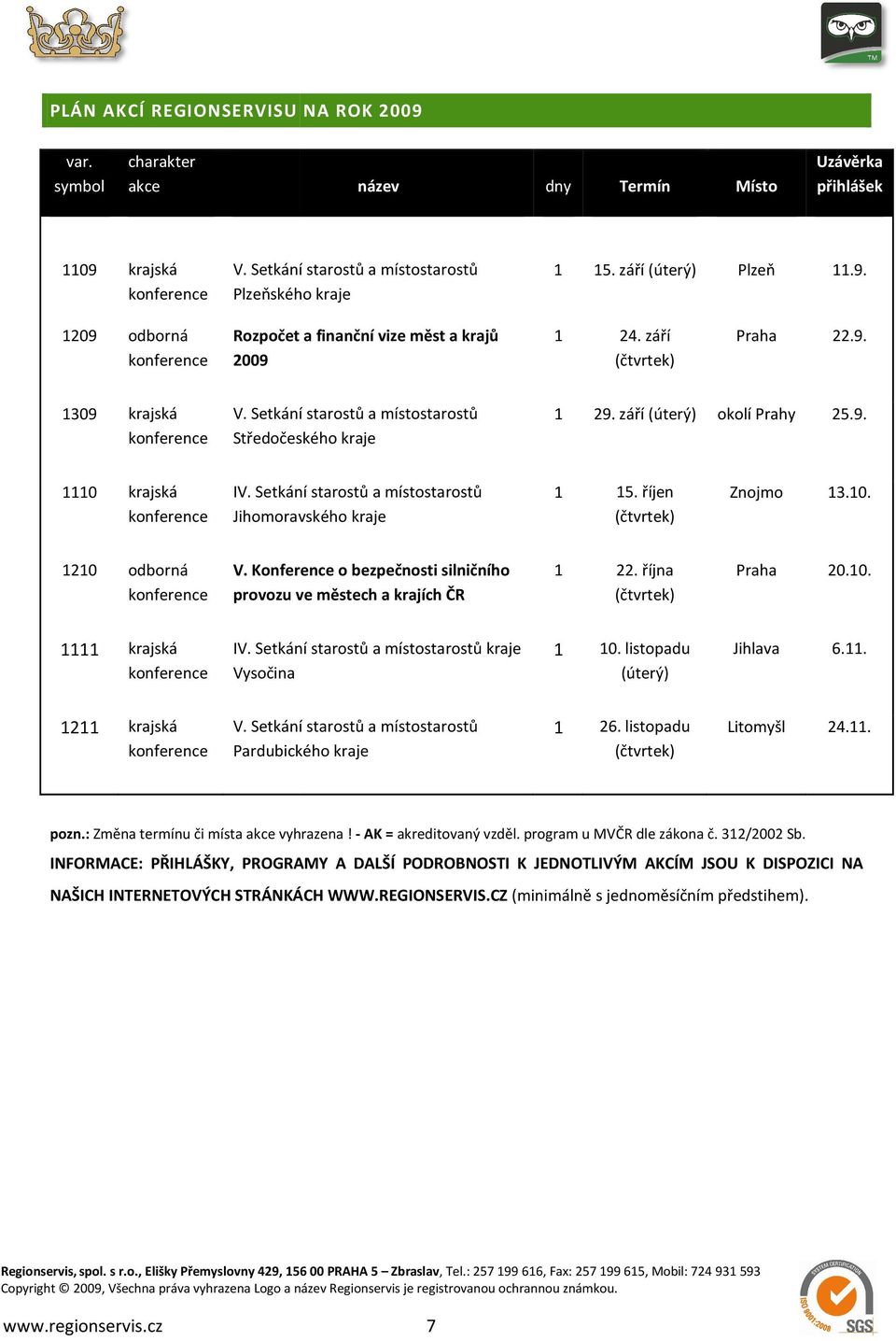 Setkání starostů a místostarostů Středočeského kraje 1 29. září (úterý) okolí Prahy 25.9. 1110 krajská konference IV. Setkání starostů a místostarostů Jihomoravského kraje 1 15.