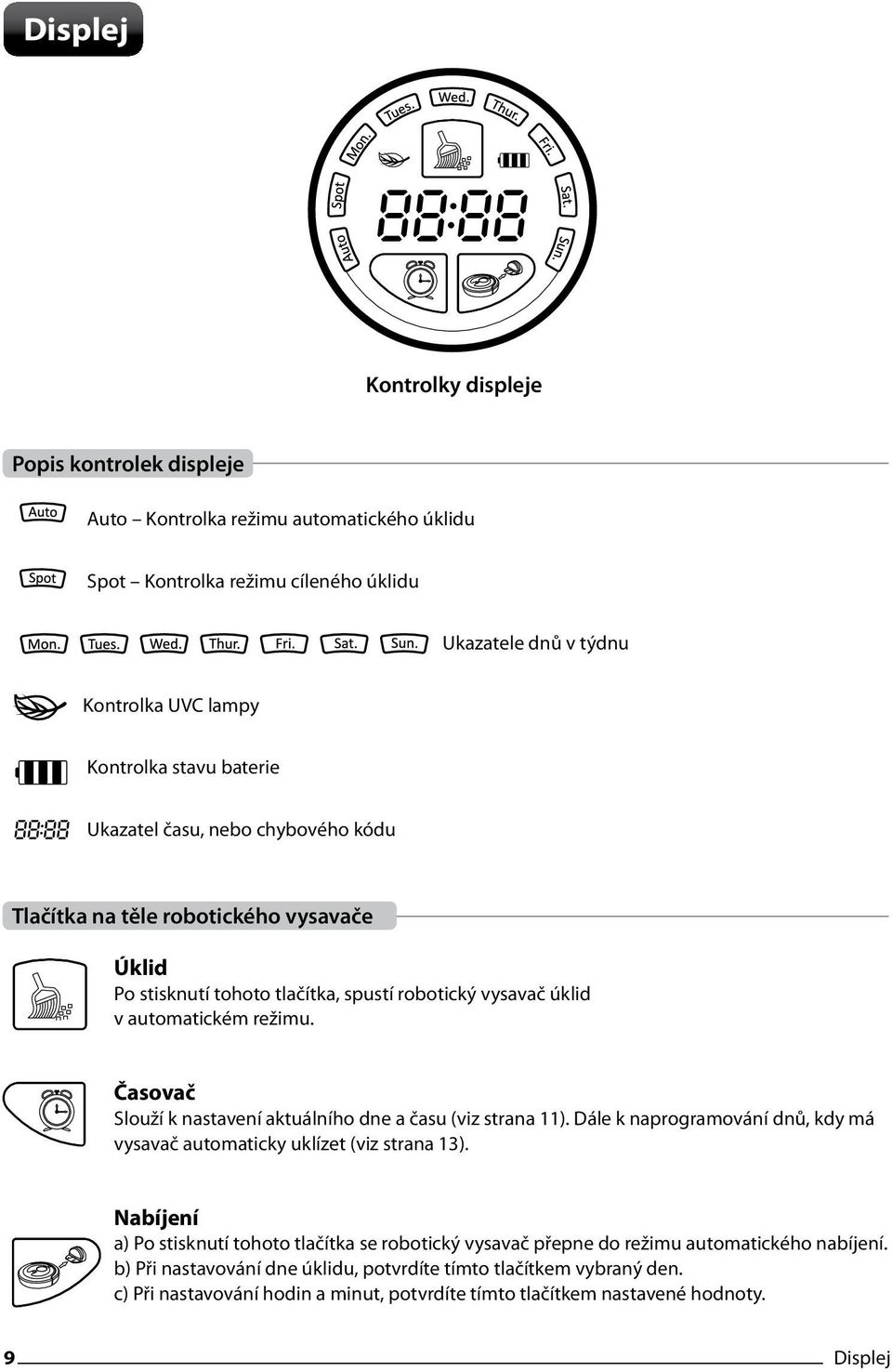 Časovač Slouží k nastavení aktuálního dne a času (viz strana 11). Dále k naprogramování dnů, kdy má vysavač automaticky uklízet (viz strana 13).