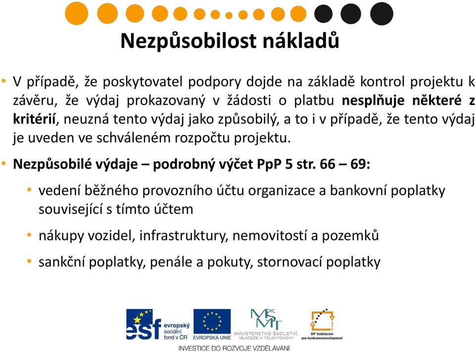 rozpočtu projektu. Nezpůsobilé výdaje podrobný výčet PpP 5 str.