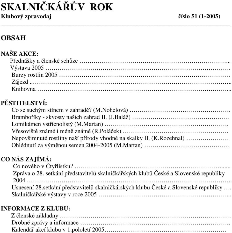 (K.Rozehnal) Ohlédnutí za výměnou semen 2004-2005 (M.Martan) CO NÁS ZAJÍMÁ: Co nového v Čtyřlístku?... Zpráva o 28. setkání představitelů skalničkářských klubů České a Slovenské republiky 2004.