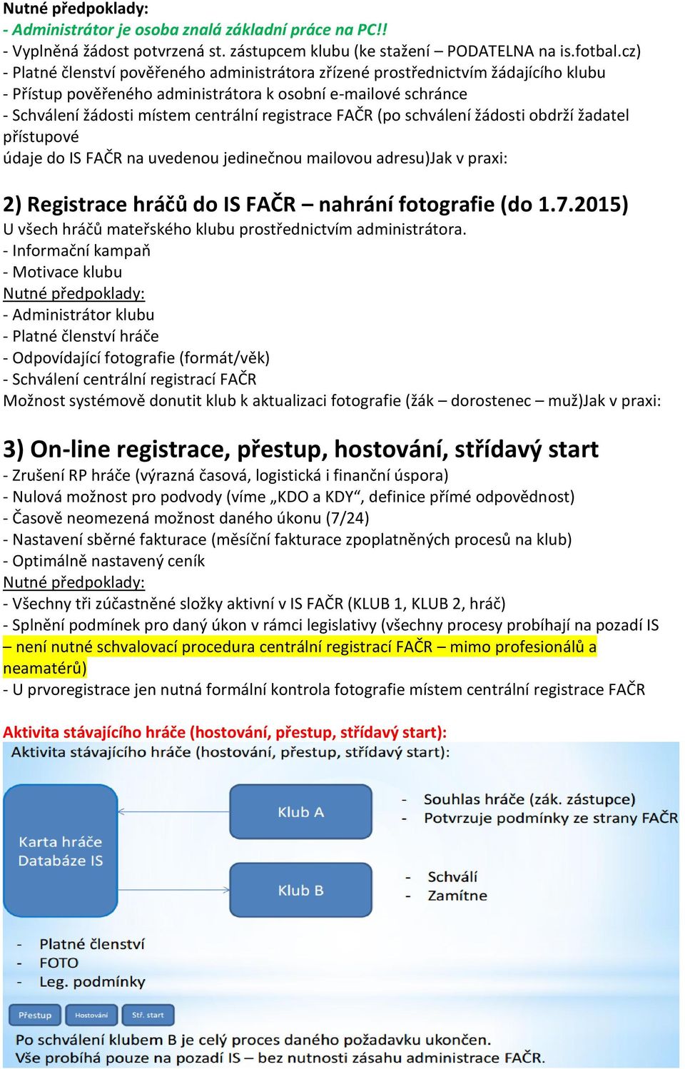 registrace FAČR (po schválení žádosti obdrží žadatel přístupové údaje do IS FAČR na uvedenou jedinečnou mailovou adresu) 2) Registrace hráčů do IS FAČR nahrání fotografie (do 1.7.