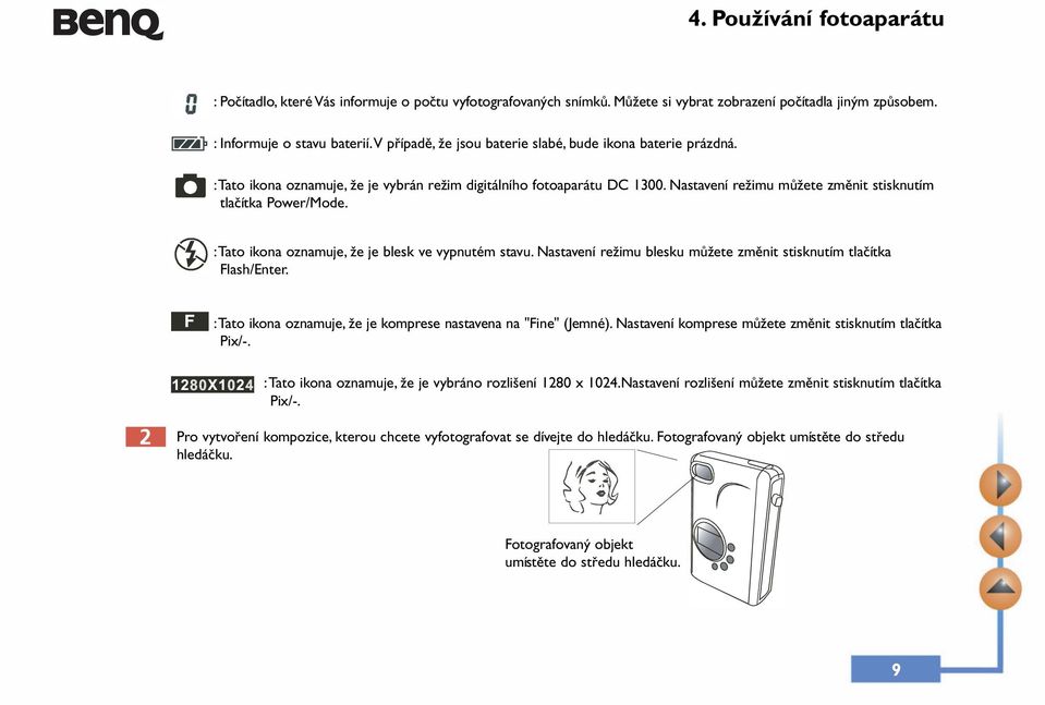 :Tato ikona oznamuje, že je blesk ve vypnutém stavu. Nastavení režimu blesku můžete změnit stisknutím tlačítka Flash/Enter. :Tato ikona oznamuje, že je komprese nastavena na "Fine" (Jemné).