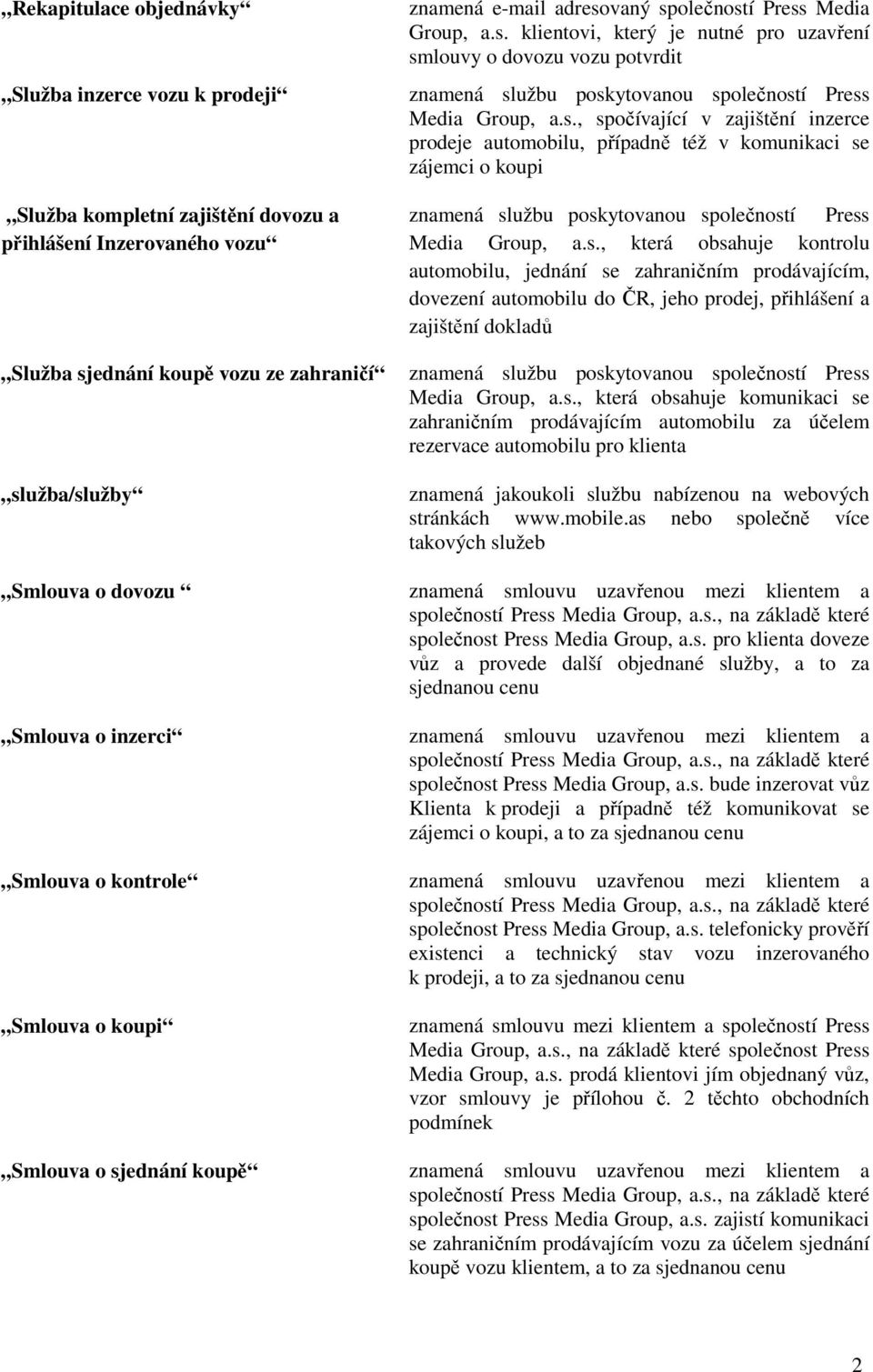 s., spočívající v zajištění inzerce prodeje automobilu, případně též v komunikaci se zájemci o koupi znamená službu poskytovanou společností Press Media Group, a.s., která obsahuje kontrolu