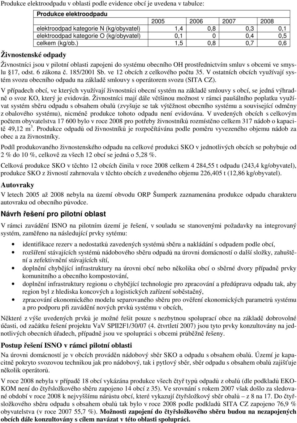 185/2001 Sb. ve 12 ch z celkového počtu 35. V ostatních ch využívají systém svozu obecního odpadu na základě smlouvy s operátorem svozu (SITA CZ).