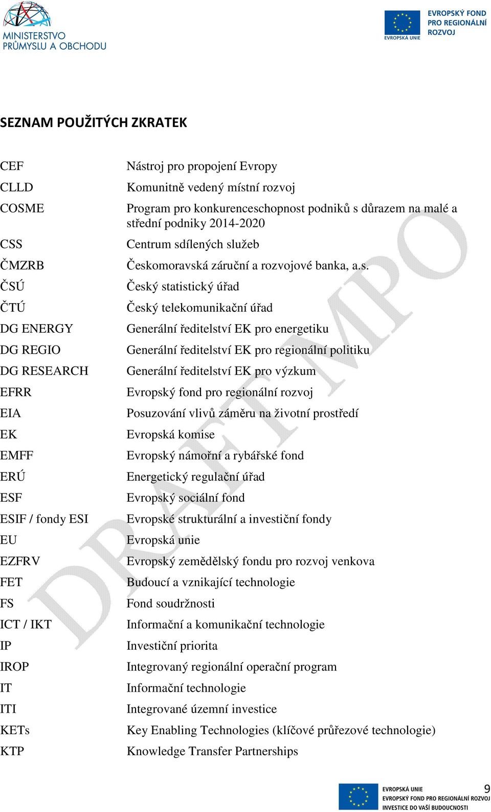a.s. Český statistický úřad Český telekomunikační úřad Generální ředitelství EK pro energetiku Generální ředitelství EK pro regionální politiku Generální ředitelství EK pro výzkum Evropský fond pro