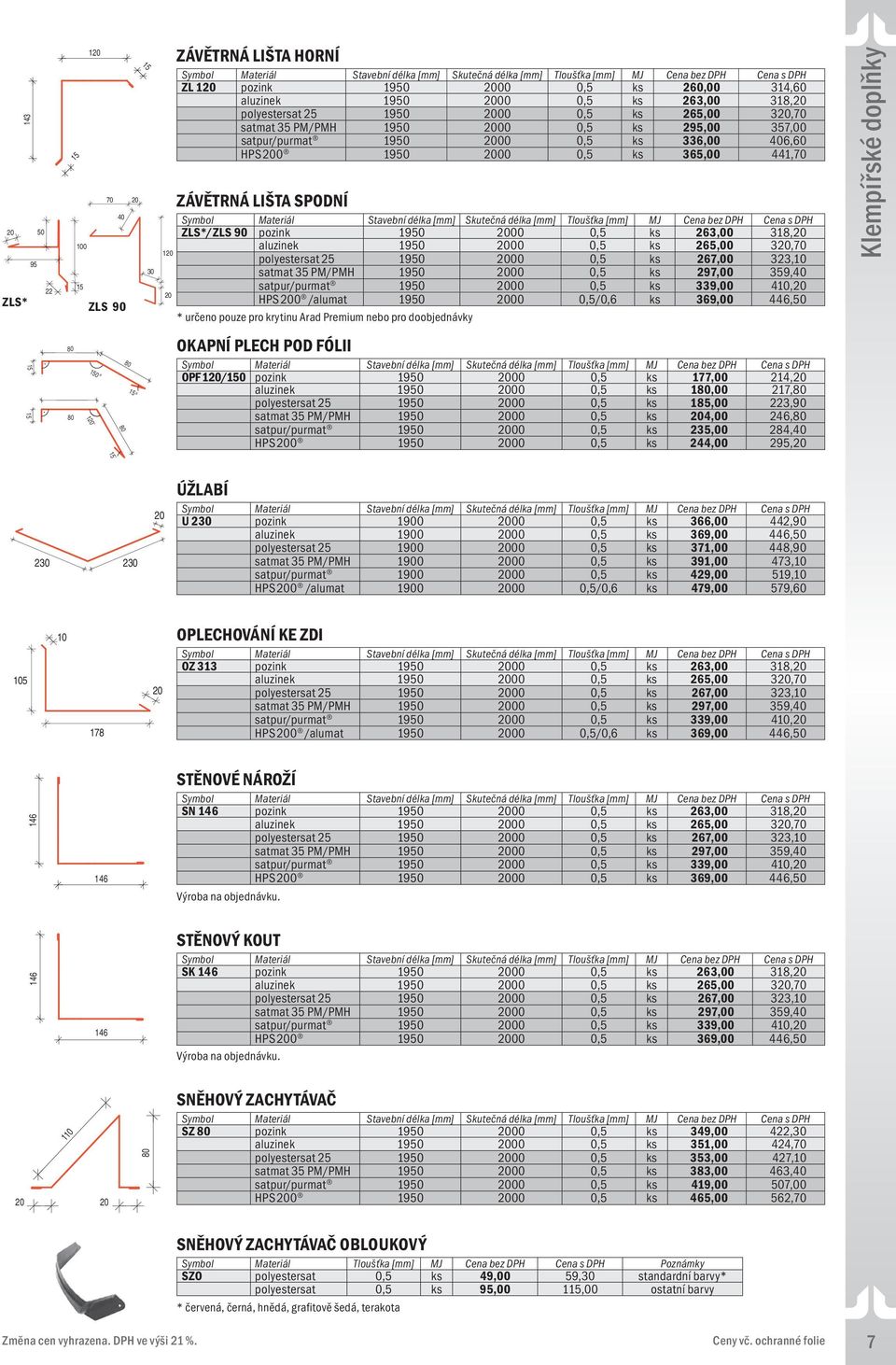 406,60 HPS 200 1950 2000 0,5 ks 365,00 441,70 ZÁVĚTRNÁ LIŠTA SPODNÍ Materiál Stavební délka Skutečná délka ZLS*/ZLS 90 pozink 1950 2000 0,5 ks 263,00 318,20 aluzinek 1950 2000 0,5 ks 265,00 320,70