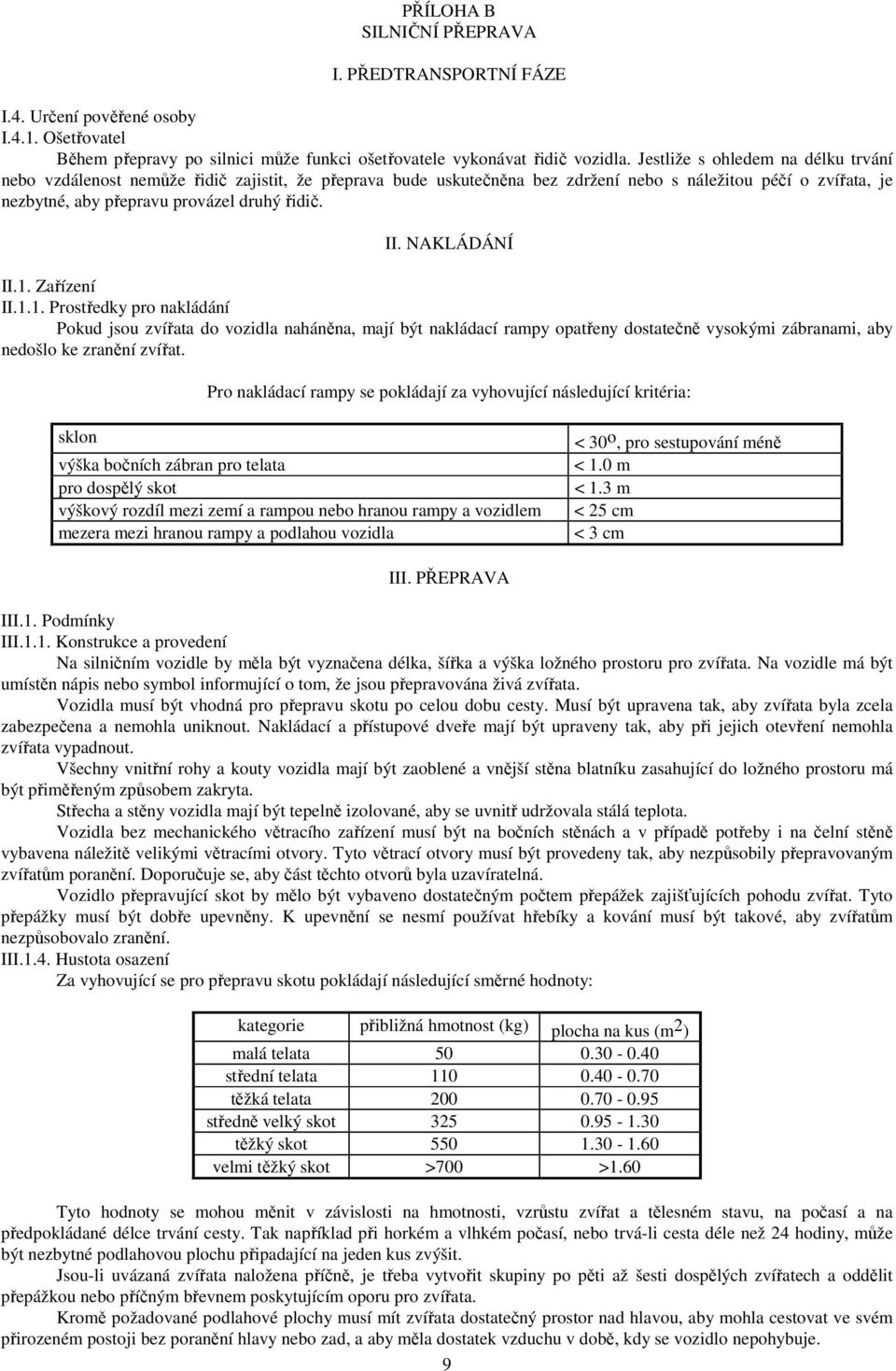 NAKLÁDÁNÍ II.1. Zařízení II.1.1. Prostředky pro nakládání Pokud jsou zvířata do vozidla naháněna, mají být nakládací rampy opatřeny dostatečně vysokými zábranami, aby nedošlo ke zranění zvířat.