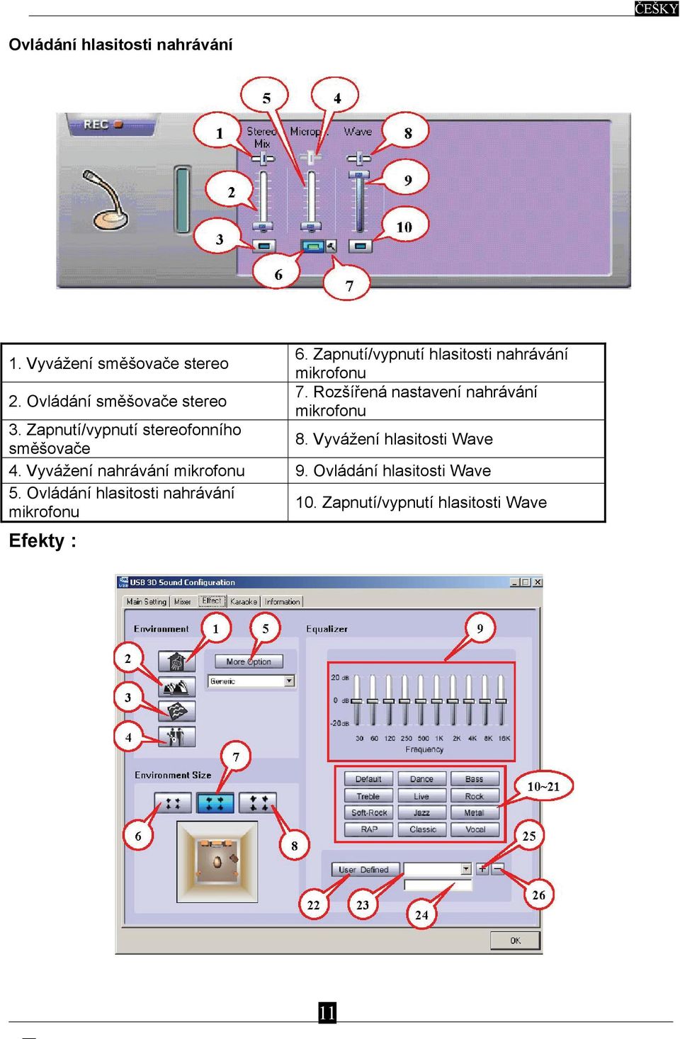 Rozšířená nastavení nahrávání mikrofonu 3. Zapnutí/vypnutí stereofonního směšovače 8.